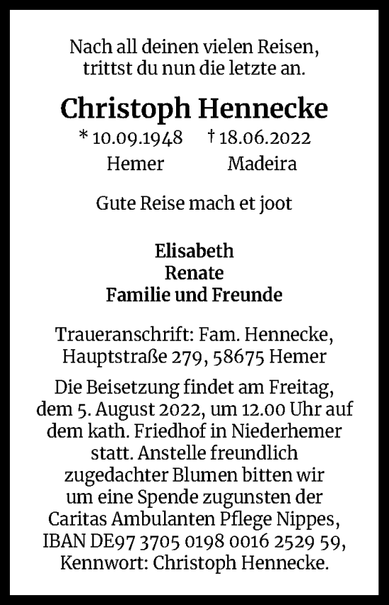 Anzeige von Christoph Hennecke von Kölner Stadt-Anzeiger / Kölnische Rundschau / Express