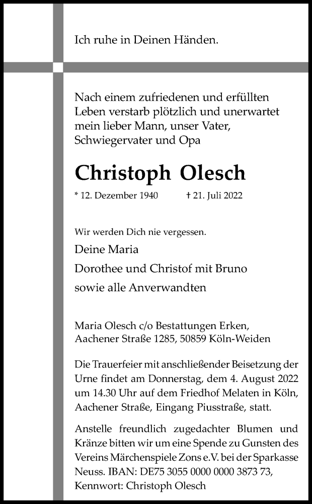  Traueranzeige für Christoph Olesch vom 30.07.2022 aus Kölner Stadt-Anzeiger / Kölnische Rundschau / Express