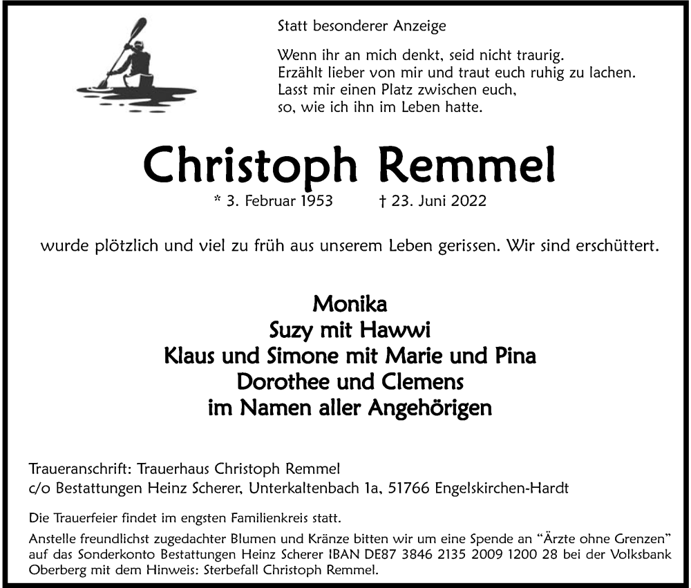  Traueranzeige für Christoph Remmel vom 02.07.2022 aus Kölner Stadt-Anzeiger / Kölnische Rundschau / Express