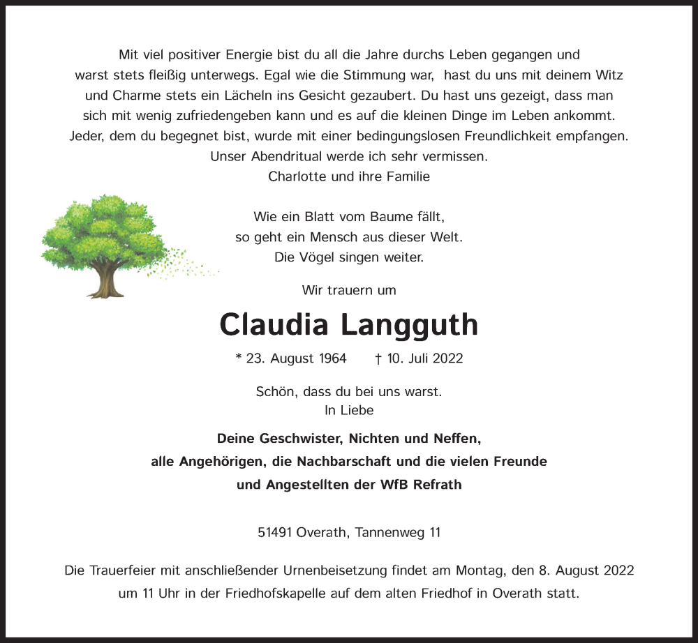  Traueranzeige für Claudia Langguth vom 30.07.2022 aus Kölner Stadt-Anzeiger / Kölnische Rundschau / Express