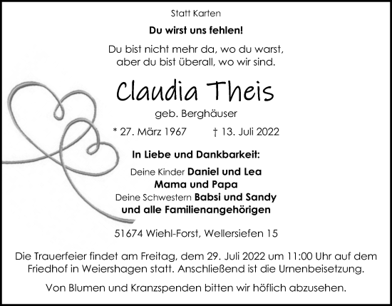 Anzeige von Claudia Theis von Kölner Stadt-Anzeiger / Kölnische Rundschau / Express