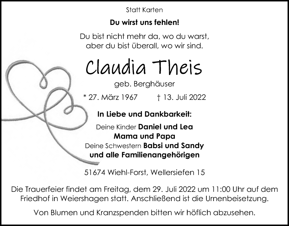  Traueranzeige für Claudia Theis vom 27.07.2022 aus Kölner Stadt-Anzeiger / Kölnische Rundschau / Express