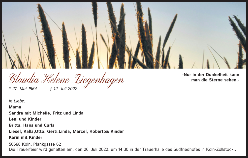  Traueranzeige für Claudia Helene Ziegenhagen vom 23.07.2022 aus Kölner Stadt-Anzeiger / Kölnische Rundschau / Express