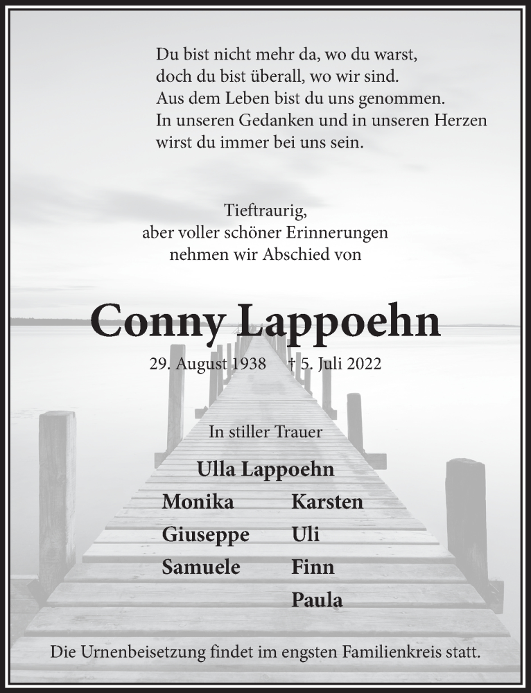  Traueranzeige für Conny Lappoehn vom 15.07.2022 aus  Schlossbote/Werbekurier 