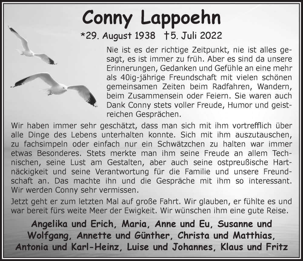  Traueranzeige für Conny Lappoehn vom 15.07.2022 aus  Schlossbote/Werbekurier 