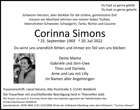 Anzeige von Corinna Simons von  Lokalanzeiger 