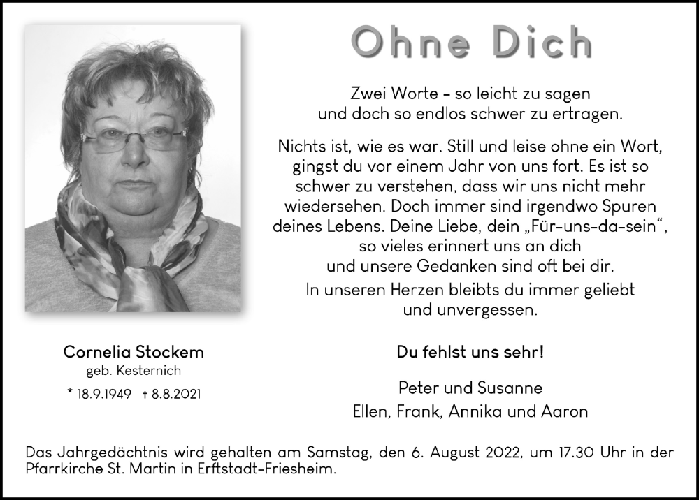  Traueranzeige für Cornelia Stockem vom 29.07.2022 aus  Werbepost 