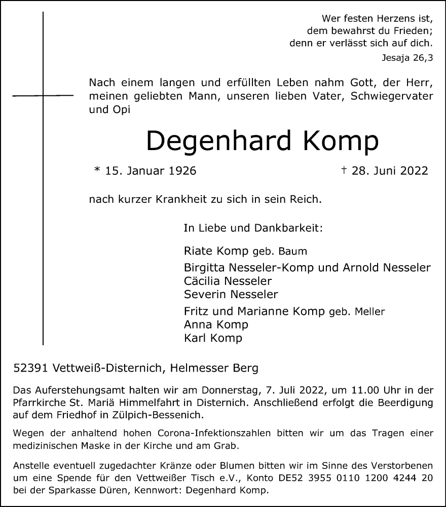  Traueranzeige für Degenhard Komp vom 02.07.2022 aus Kölner Stadt-Anzeiger / Kölnische Rundschau / Express