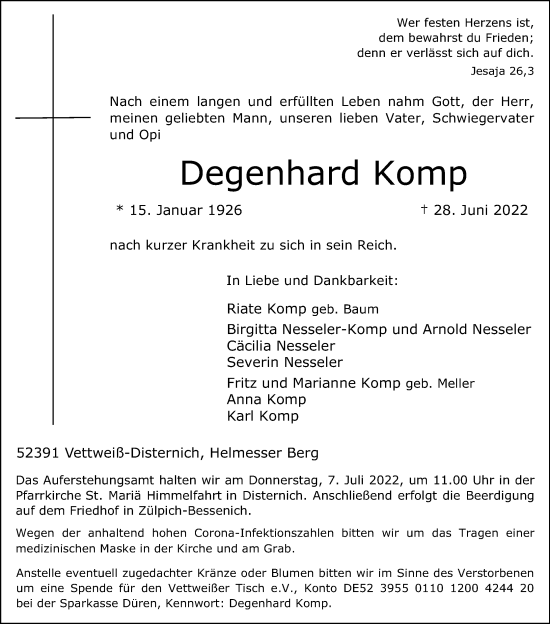 Anzeige von Degenhard Komp von Kölner Stadt-Anzeiger / Kölnische Rundschau / Express