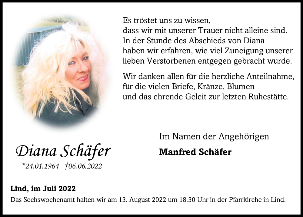  Traueranzeige für Diana Schäfer vom 30.07.2022 aus  Blickpunkt Euskirchen 