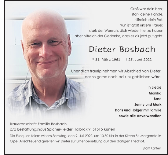 Anzeige von Dieter Bosbach von Kölner Stadt-Anzeiger / Kölnische Rundschau / Express