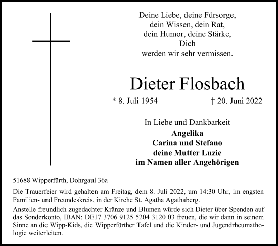 Anzeige von Dieter Flosbach von Kölner Stadt-Anzeiger / Kölnische Rundschau / Express