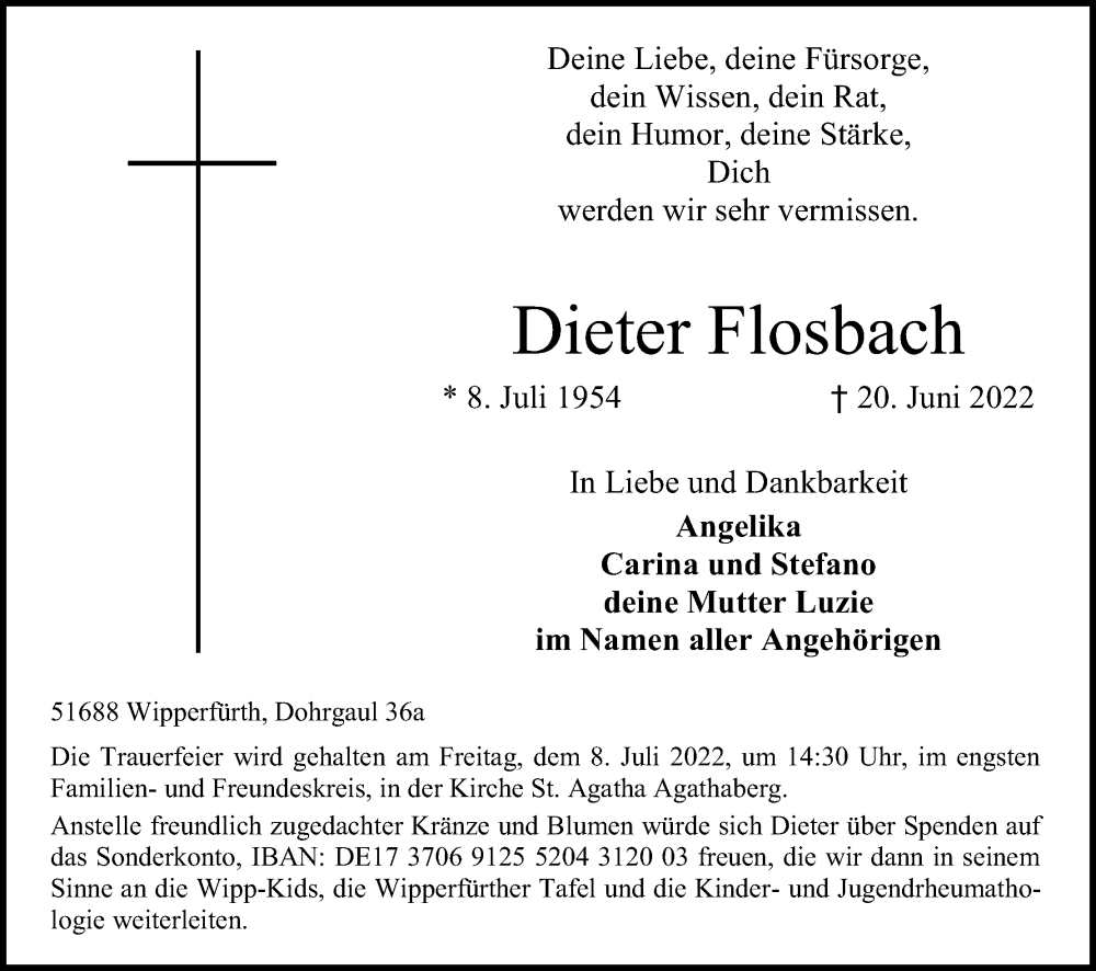  Traueranzeige für Dieter Flosbach vom 02.07.2022 aus Kölner Stadt-Anzeiger / Kölnische Rundschau / Express