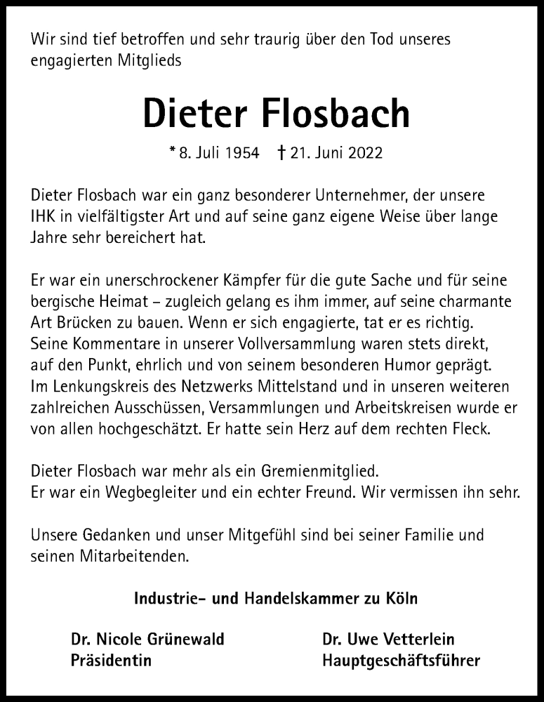 Traueranzeige für Dieter Flosbach vom 02.07.2022 aus Kölner Stadt-Anzeiger / Kölnische Rundschau / Express