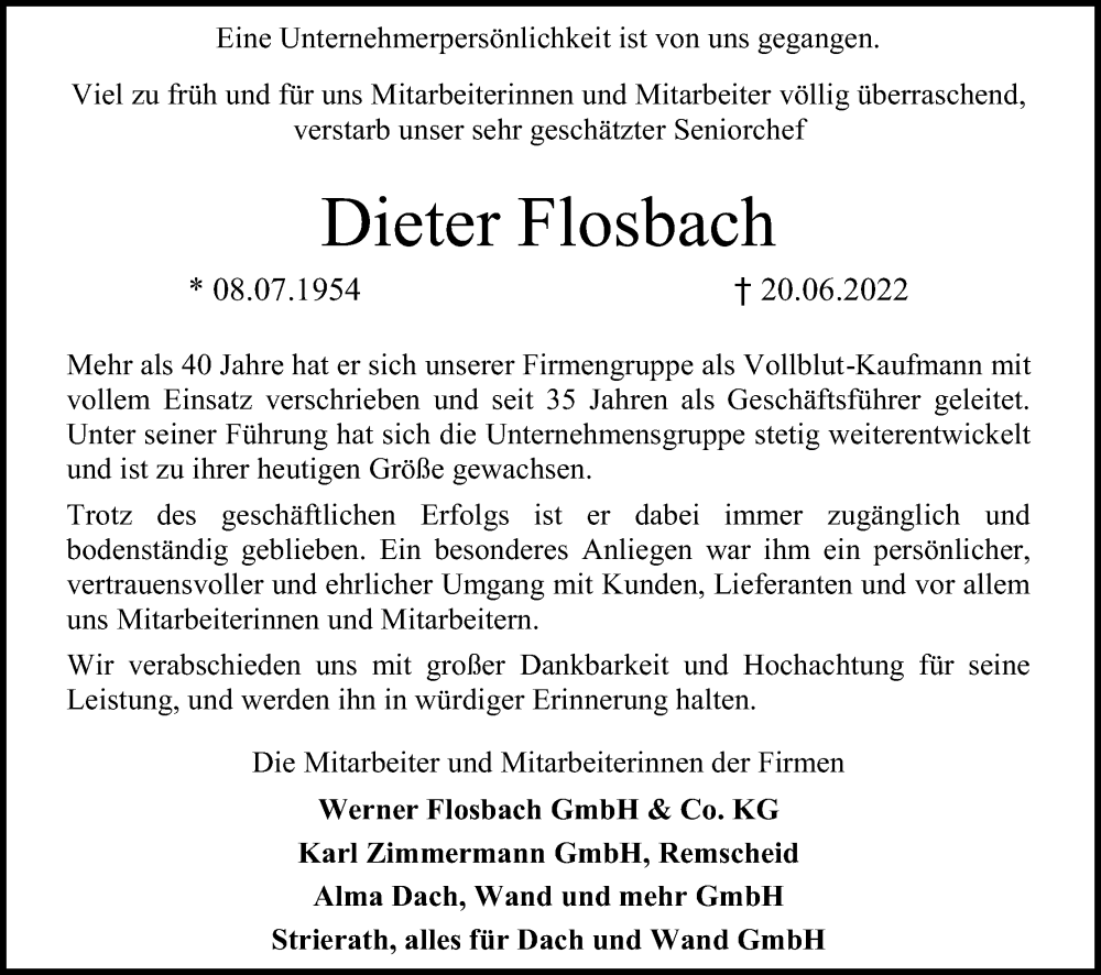  Traueranzeige für Dieter Flosbach vom 02.07.2022 aus Kölner Stadt-Anzeiger / Kölnische Rundschau / Express