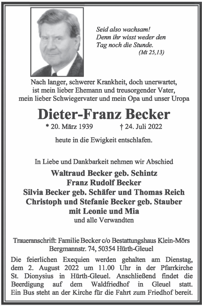  Traueranzeige für Dieter-Franz Becker vom 29.07.2022 aus  Wochenende 