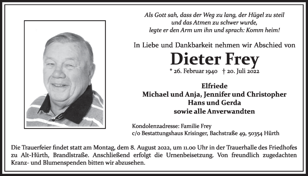  Traueranzeige für Dieter Frey vom 29.07.2022 aus  Wochenende 