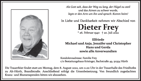 Anzeige von Dieter Frey von  Wochenende 