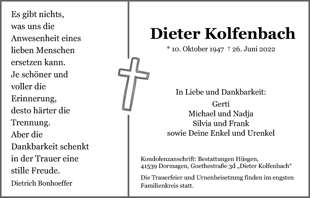  Traueranzeige für Dieter Kolfenbach vom 02.07.2022 aus Kölner Stadt-Anzeiger / Kölnische Rundschau / Express