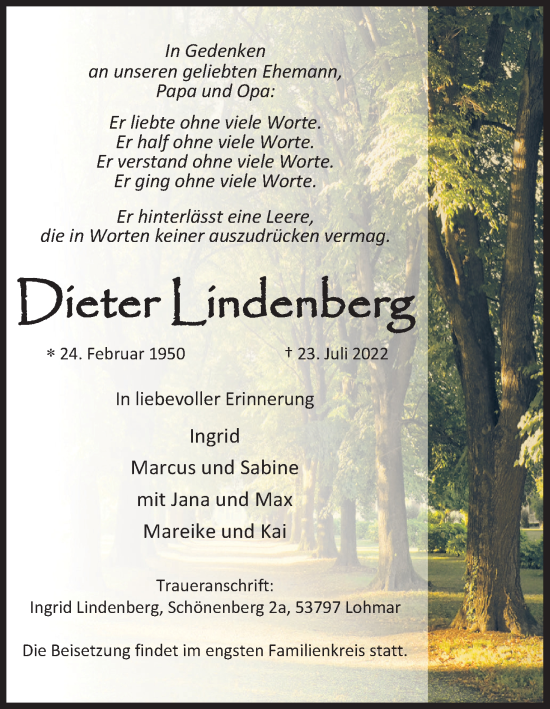 Anzeige von Dieter Lindenberg von Kölner Stadt-Anzeiger / Kölnische Rundschau / Express
