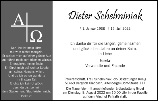 Anzeige von Dieter Schelminiak von  Bergisches Handelsblatt 