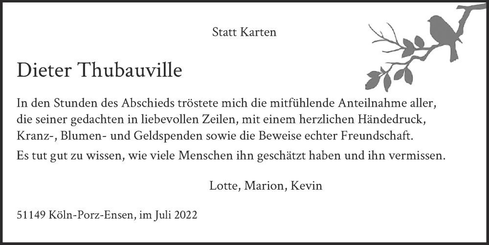 Traueranzeige für Dieter Thubauville vom 29.07.2022 aus  EXPRESS - Die Woche 