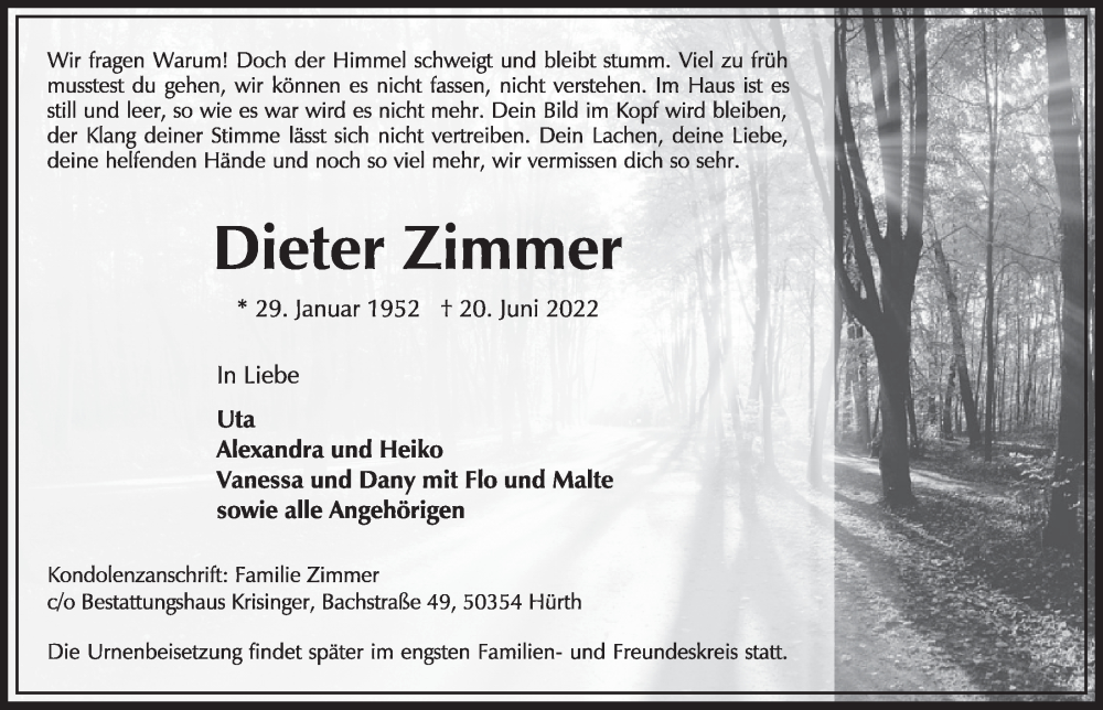  Traueranzeige für Dieter Zimmer vom 08.07.2022 aus  Wochenende 