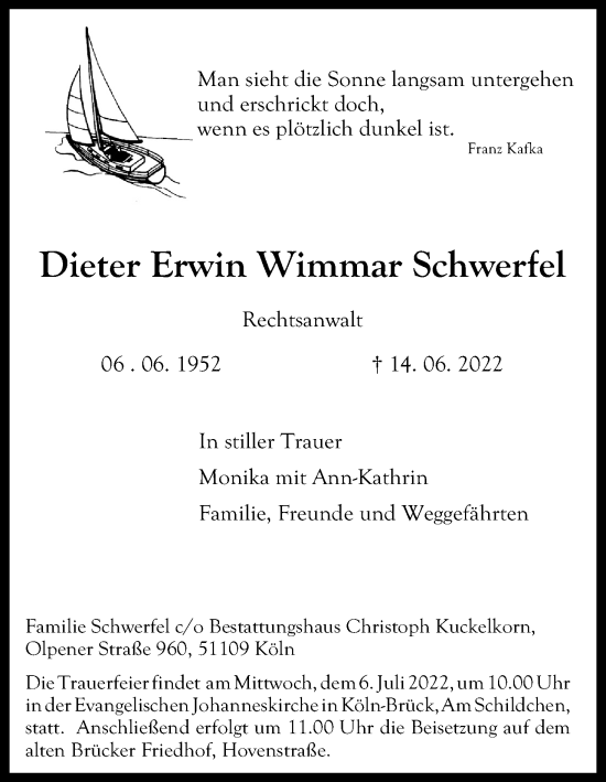 Anzeige von Dieter Erwin Wimmar Schwerfel von Kölner Stadt-Anzeiger / Kölnische Rundschau / Express