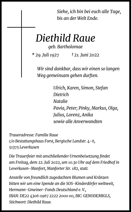 Anzeige von Diethild Raue von Kölner Stadt-Anzeiger / Kölnische Rundschau / Express