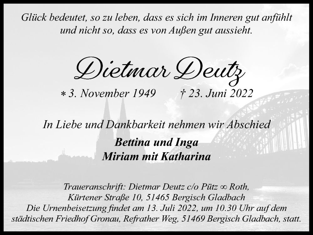  Traueranzeige für Dietmar Deutz vom 09.07.2022 aus Kölner Stadt-Anzeiger / Kölnische Rundschau / Express