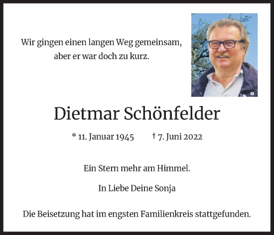Anzeige von Dietmar Schönfelder von Kölner Stadt-Anzeiger / Kölnische Rundschau / Express