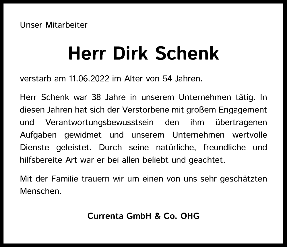  Traueranzeige für Dirk Schenk vom 08.07.2022 aus Kölner Stadt-Anzeiger / Kölnische Rundschau / Express