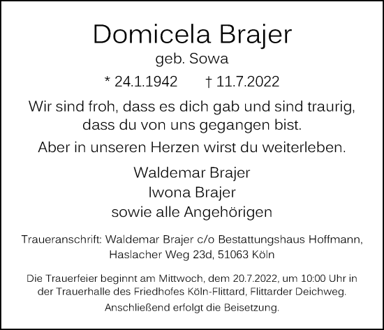 Anzeige von Domicela Brajer von Kölner Stadt-Anzeiger / Kölnische Rundschau / Express