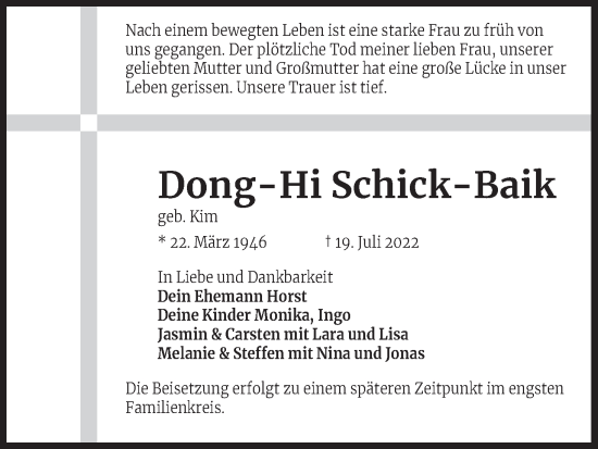 Anzeige von Dong-Hi Schick-Baik von Kölner Stadt-Anzeiger / Kölnische Rundschau / Express