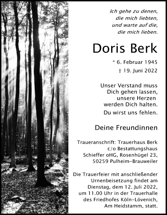 Anzeige von Doris Berk von Kölner Stadt-Anzeiger / Kölnische Rundschau / Express