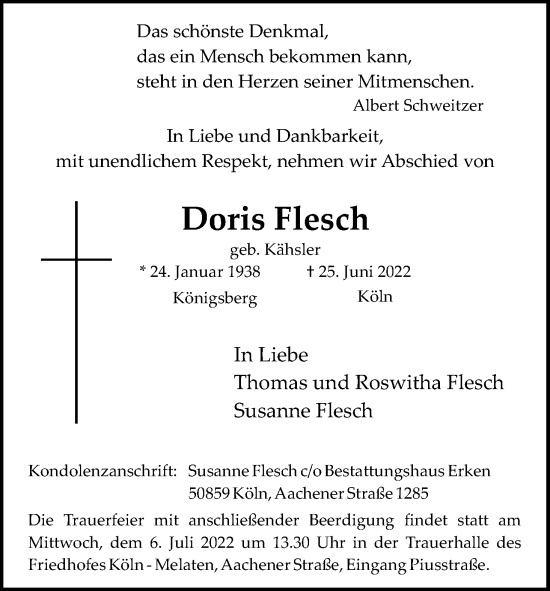 Anzeige von Doris Flesch von Kölner Stadt-Anzeiger / Kölnische Rundschau / Express