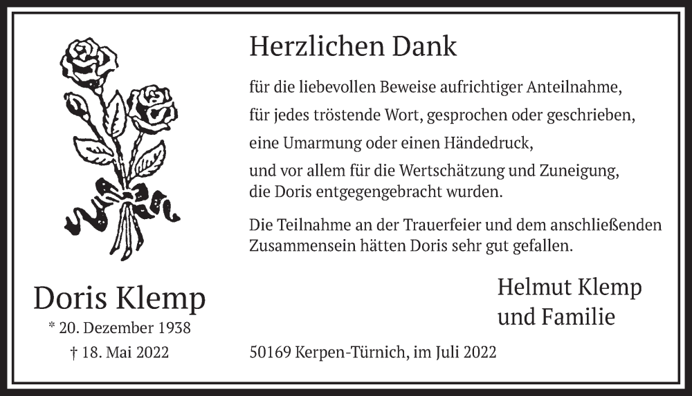  Traueranzeige für Doris Klemp vom 08.07.2022 aus  Werbepost 