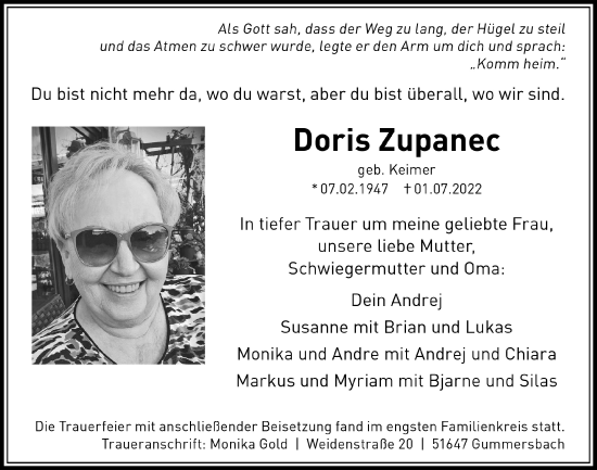 Anzeige von Doris Zupanec von  Anzeigen Echo 