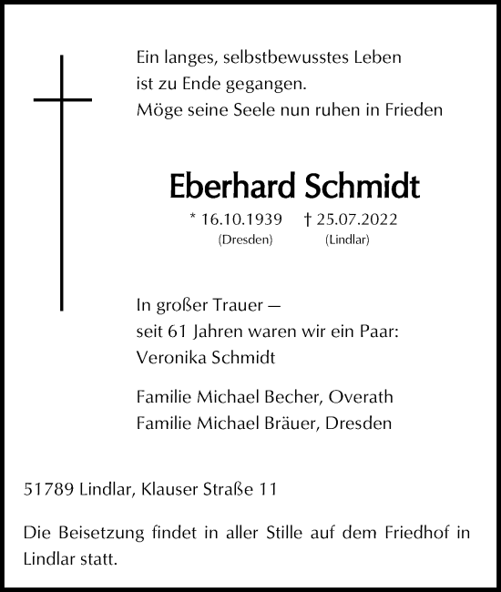 Anzeige von Eberhard Schmidt von Kölner Stadt-Anzeiger / Kölnische Rundschau / Express