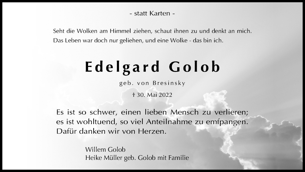  Traueranzeige für Edelgard Golob vom 09.07.2022 aus Kölner Stadt-Anzeiger / Kölnische Rundschau / Express