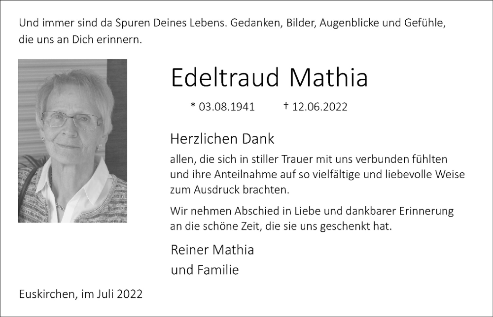  Traueranzeige für Edeltraud Mathia vom 09.07.2022 aus  Blickpunkt Euskirchen 