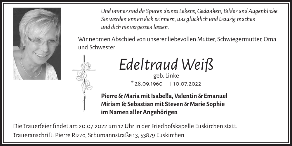  Traueranzeige für Edeltraud Weiß vom 16.07.2022 aus  Blickpunkt Euskirchen 