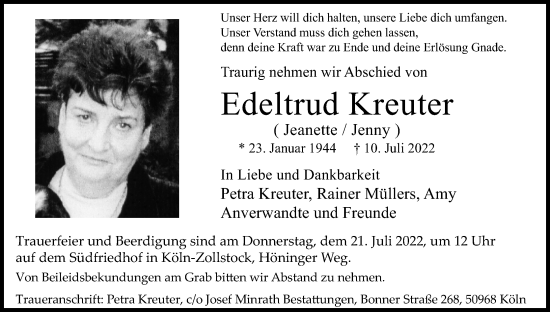 Anzeige von Edeltrud Kreuter von Kölner Stadt-Anzeiger / Kölnische Rundschau / Express