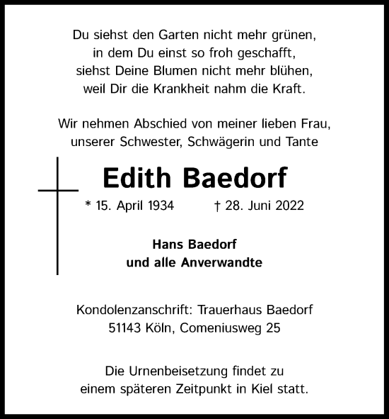 Anzeige von Edith Baedorf von Kölner Stadt-Anzeiger / Kölnische Rundschau / Express