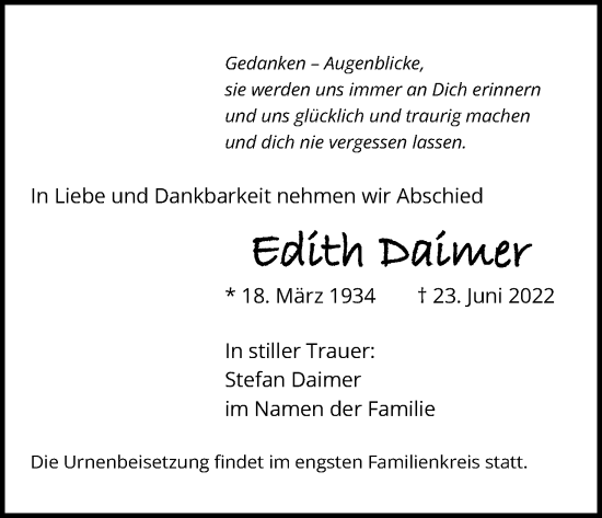 Anzeige von Edith Daimer von Kölner Stadt-Anzeiger / Kölnische Rundschau / Express