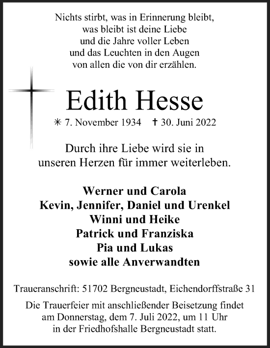Anzeige von Edith Hesse von Kölner Stadt-Anzeiger / Kölnische Rundschau / Express
