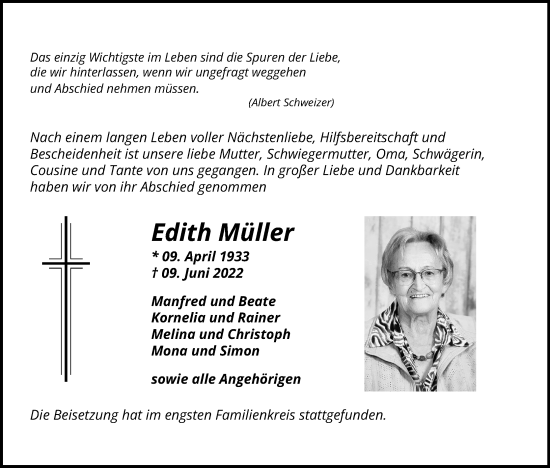 Anzeige von Edith Müller von Kölner Stadt-Anzeiger / Kölnische Rundschau / Express