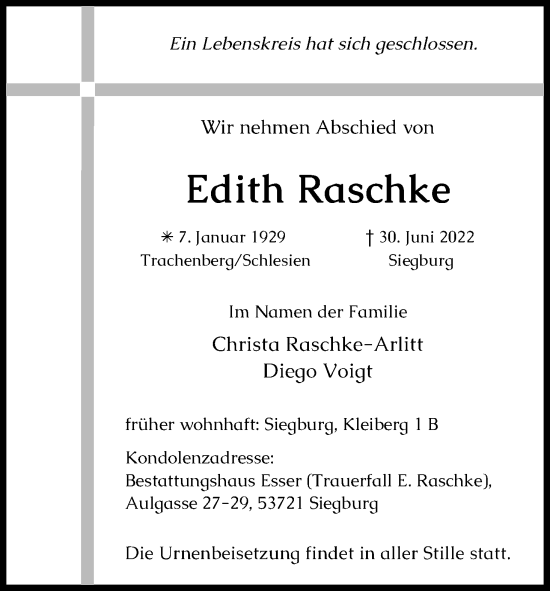 Anzeige von Edith Raschke von Kölner Stadt-Anzeiger / Kölnische Rundschau / Express