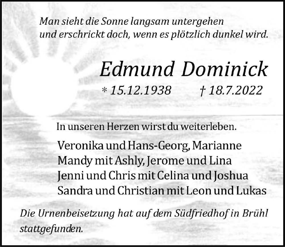  Traueranzeige für Edmund Dominick vom 29.07.2022 aus  Schlossbote/Werbekurier 
