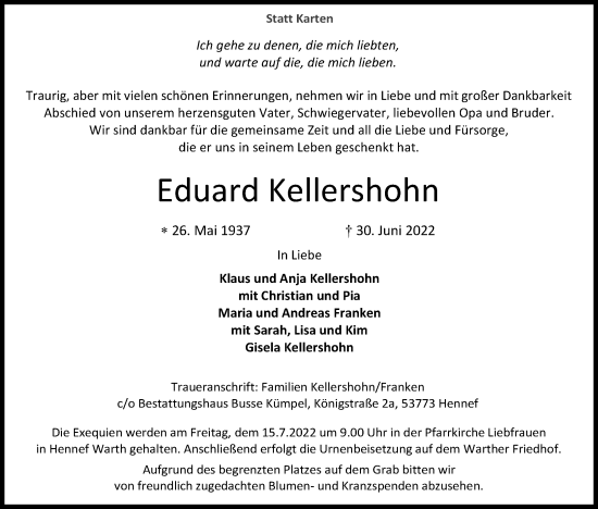 Anzeige von Eduard Kellershohn von Kölner Stadt-Anzeiger / Kölnische Rundschau / Express